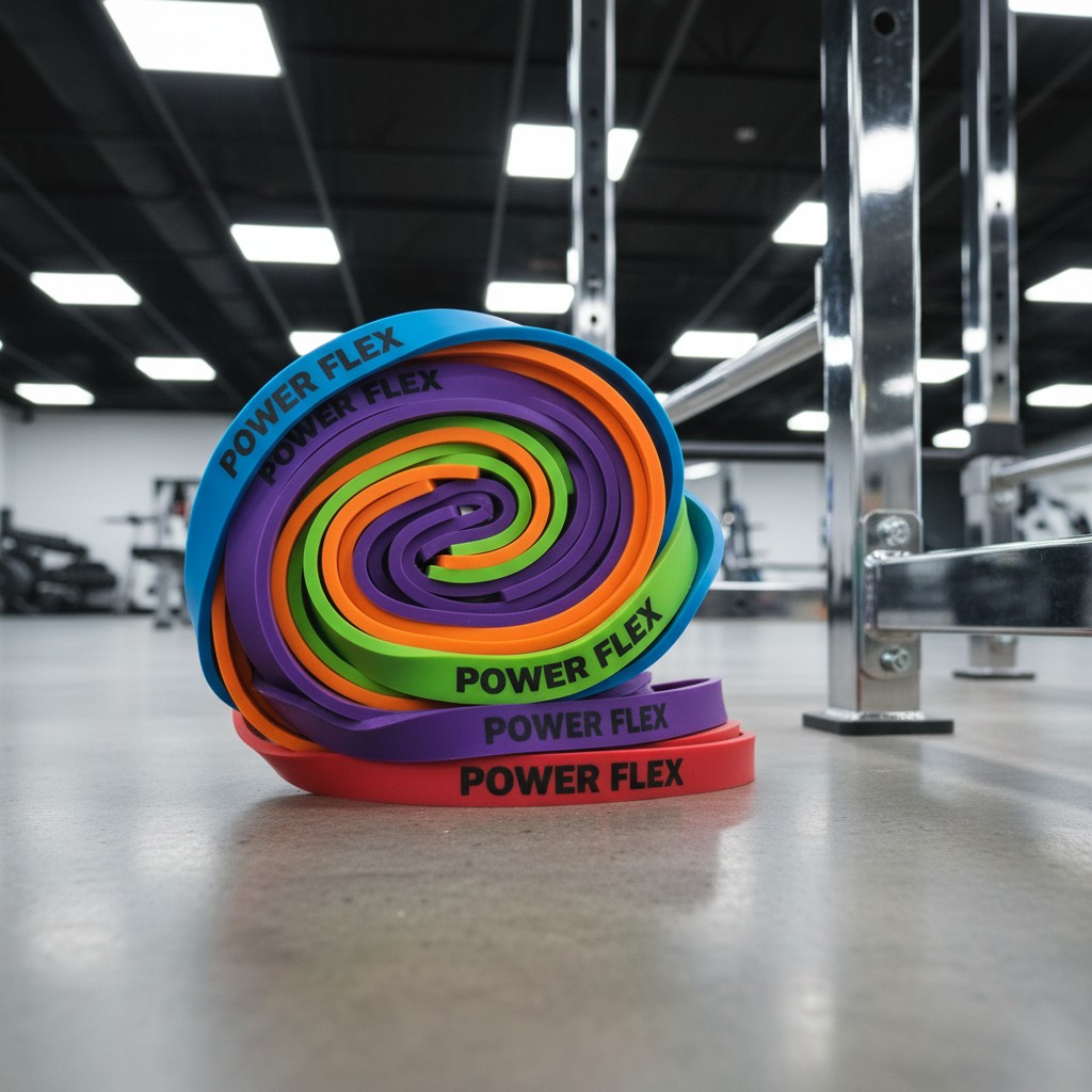 Power Flex, stacked resistance exercise bands in colors from orange, green, purple to blue, blue-purple and red-purple. Ba...