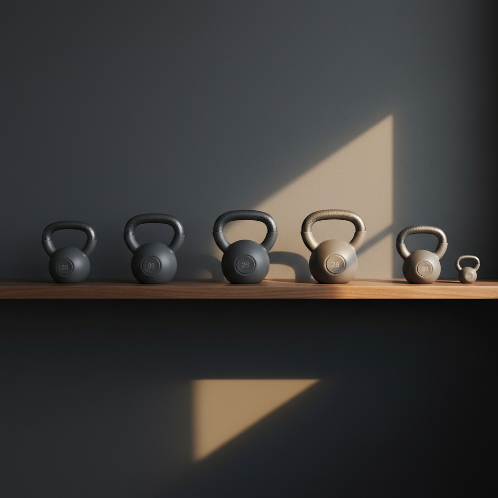 Five kettlebells of varying weights lined up on a shelf, with visible shadows indicating sunlit background.